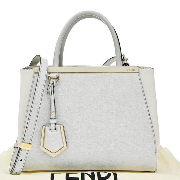 FENDI Logo 2Jours 2Way Shoulder Hand Tote Bag Leather Bicolor Gray White - Picture 1 of 16